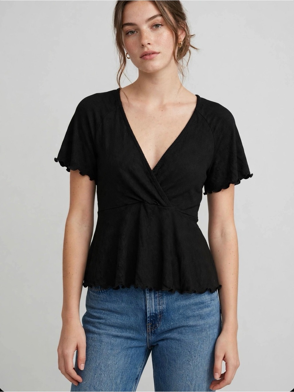 Black V-Neck Peplum Blouse with Flutter Sleeves - Women